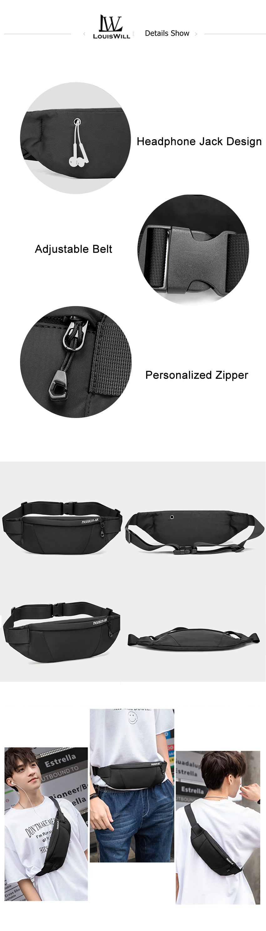 LouisWill Mens Waist Bag Men Waterproof Sling Bag Fanny Pack Waist